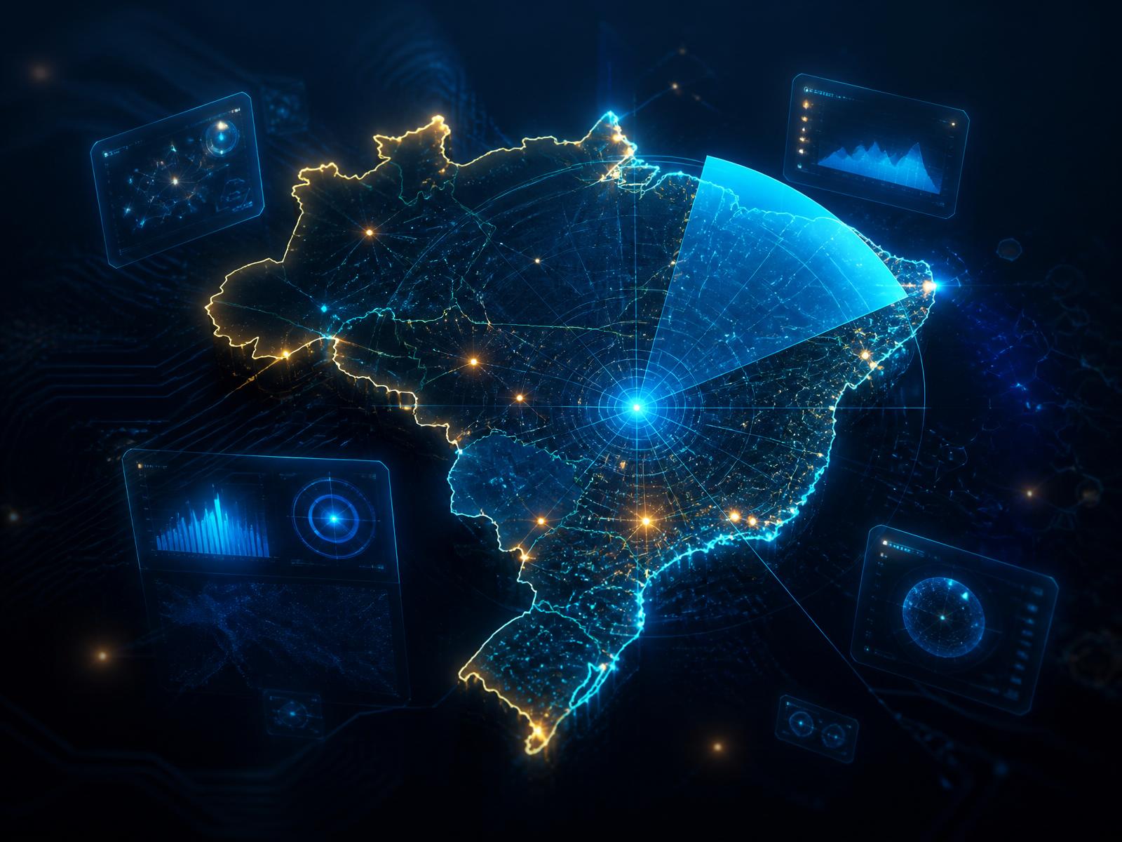 Radar digital monitorando licitações públicas no mapa do Brasil